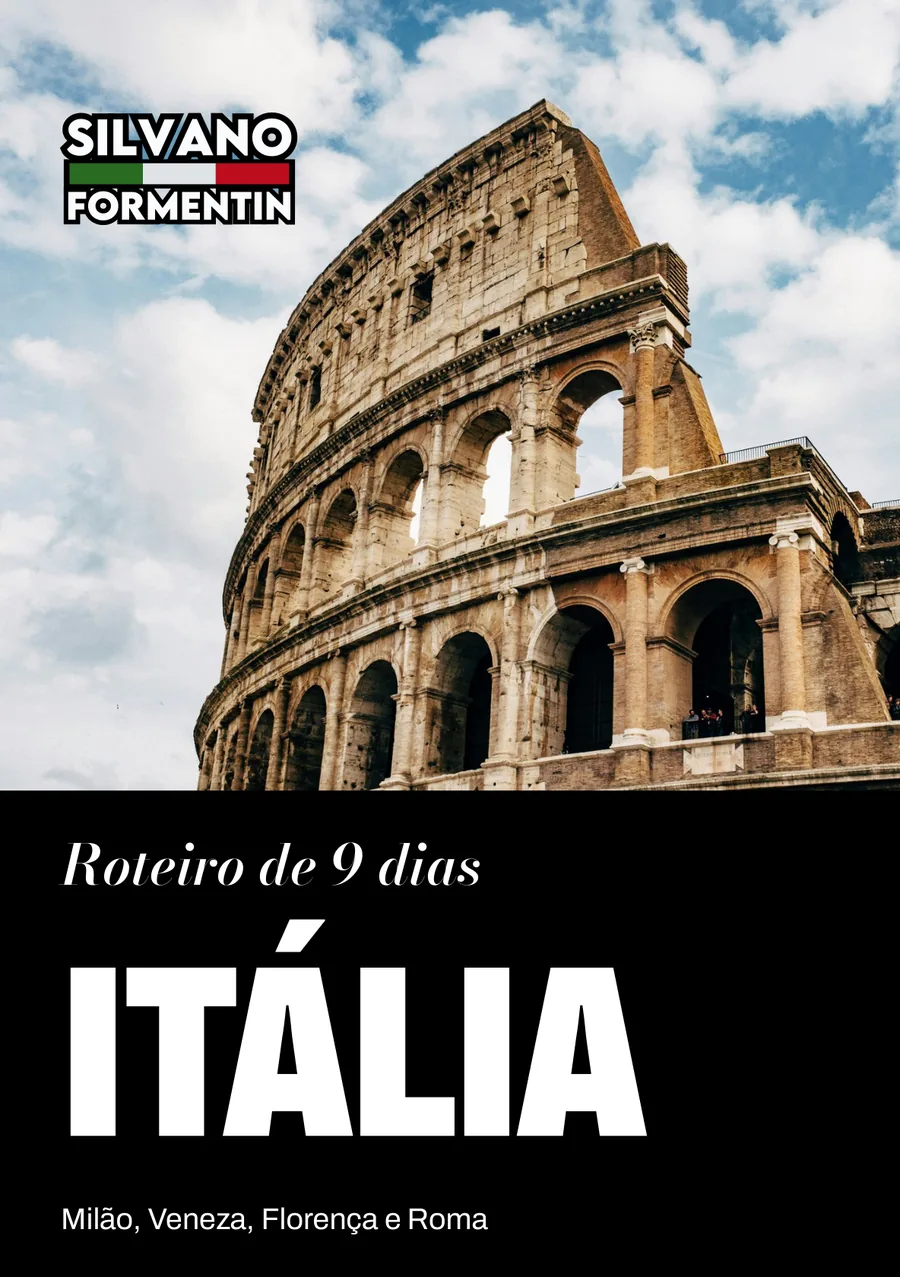 Capa do e-book Roteiro de 9 dias na Itália, com o Coliseu